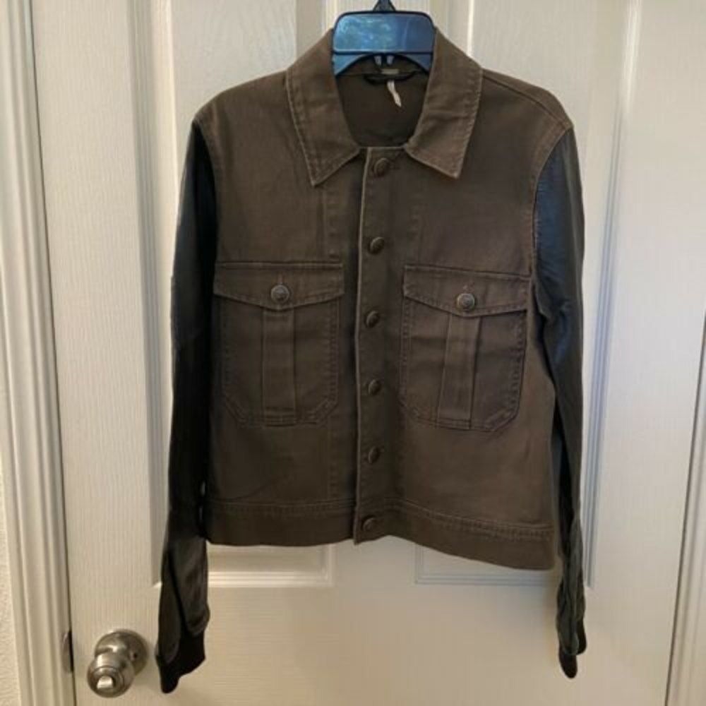 Free People Olive Green Denim Jacket Black Faux Leather Sleeves Women's Size XS